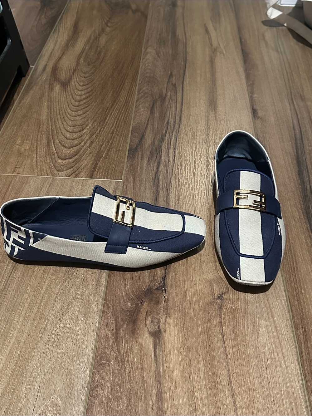FENDI Blue FF Logo Canvas Flat Loafers